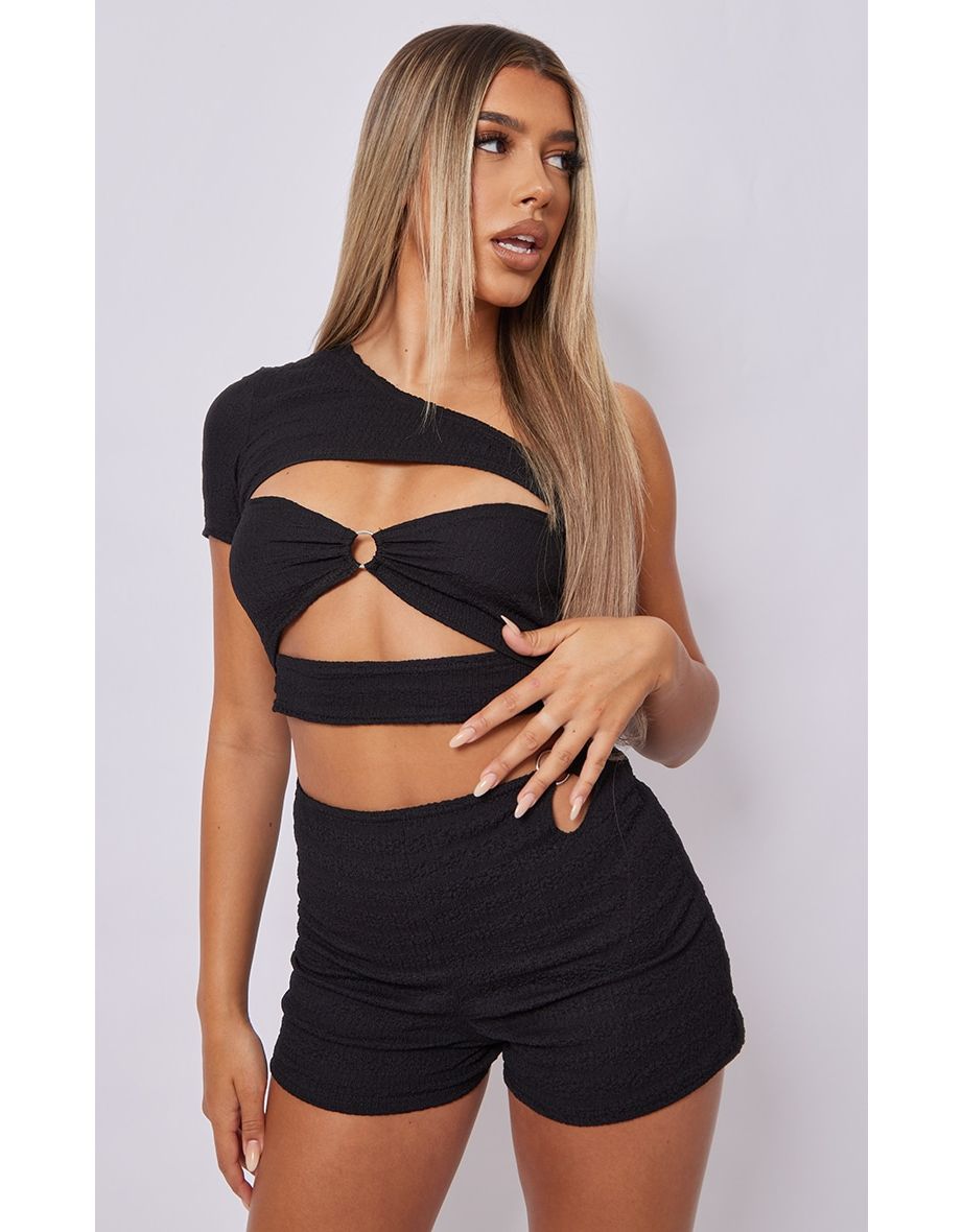 Black Textured Ring Detail Asymmetric One Shoulder Crop Top