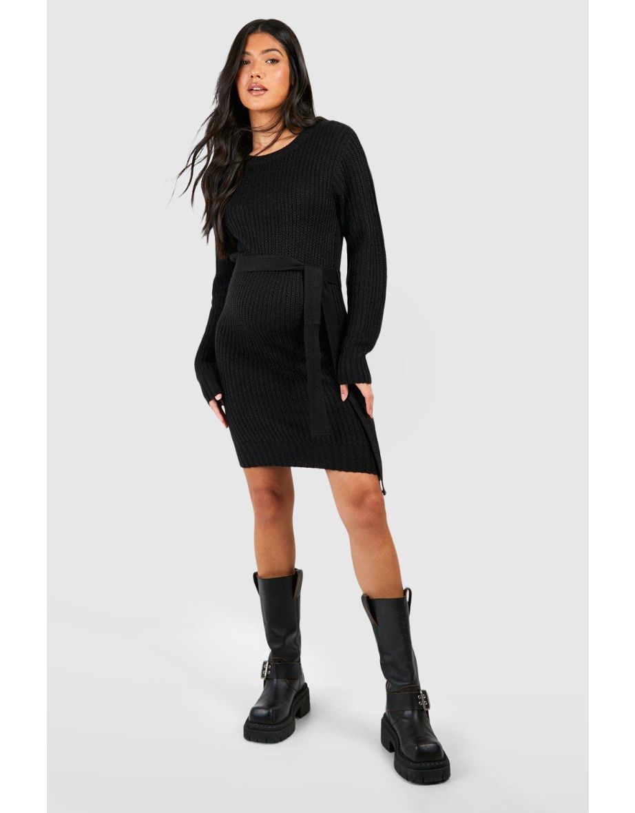 Maternity Soft Knit Tie Waist Jumper Dress - black