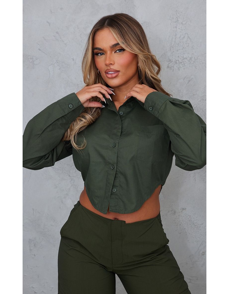 Sea Green Cotton Dip Hem Pocket Crop Shirt