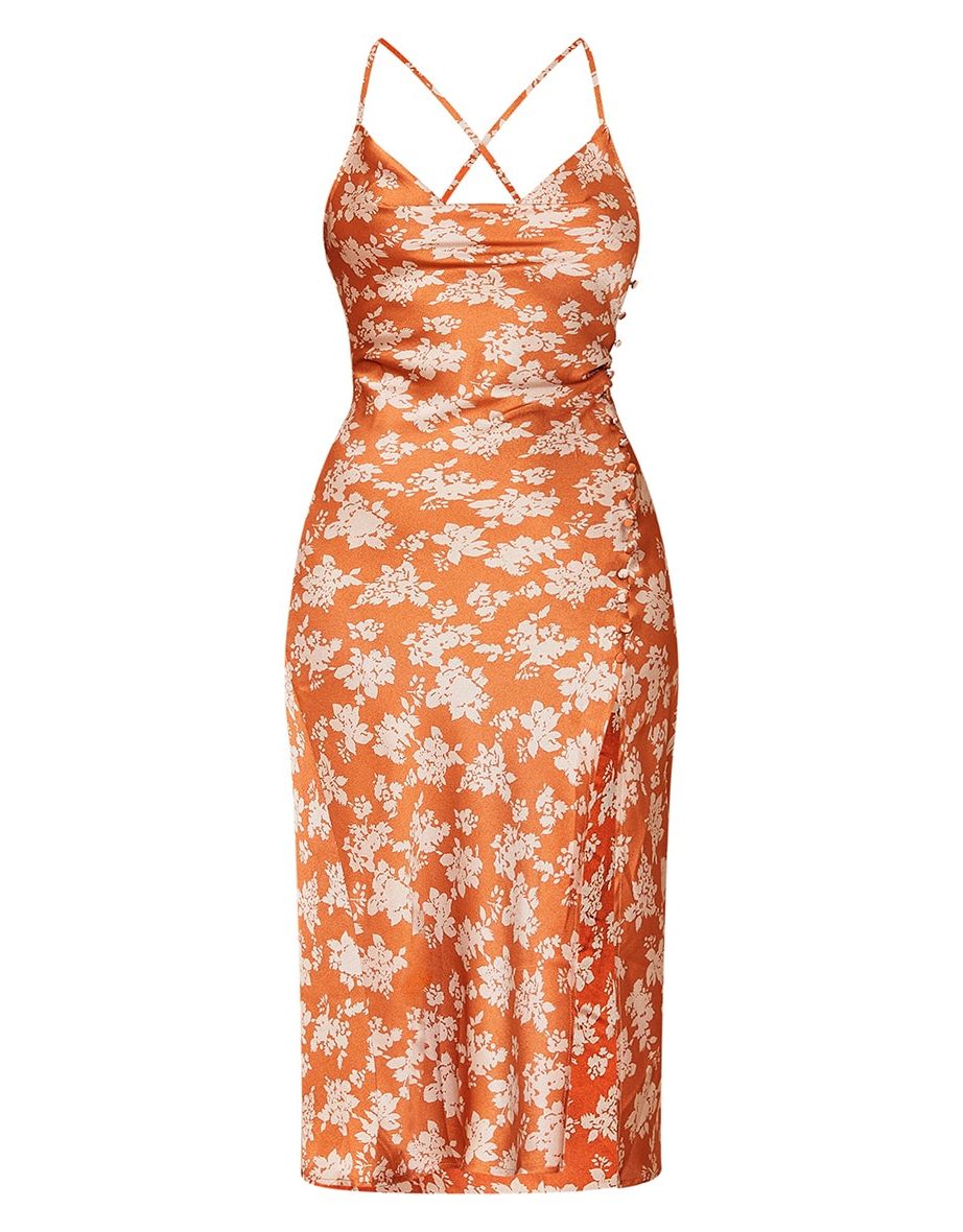 Rust Floral Print Button Detail Satin Midi Slip Dress - 4