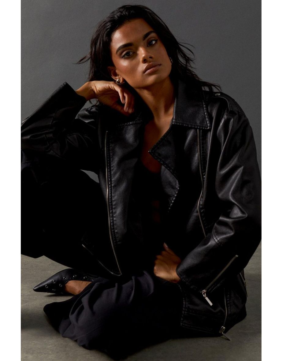 Oversized Whipstitch Detail Leather Jacket - 3