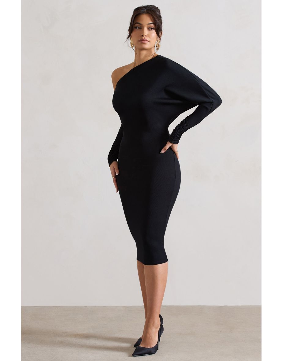 Thora | Black Rib Knit One-Shoulder Midi Dress - 4