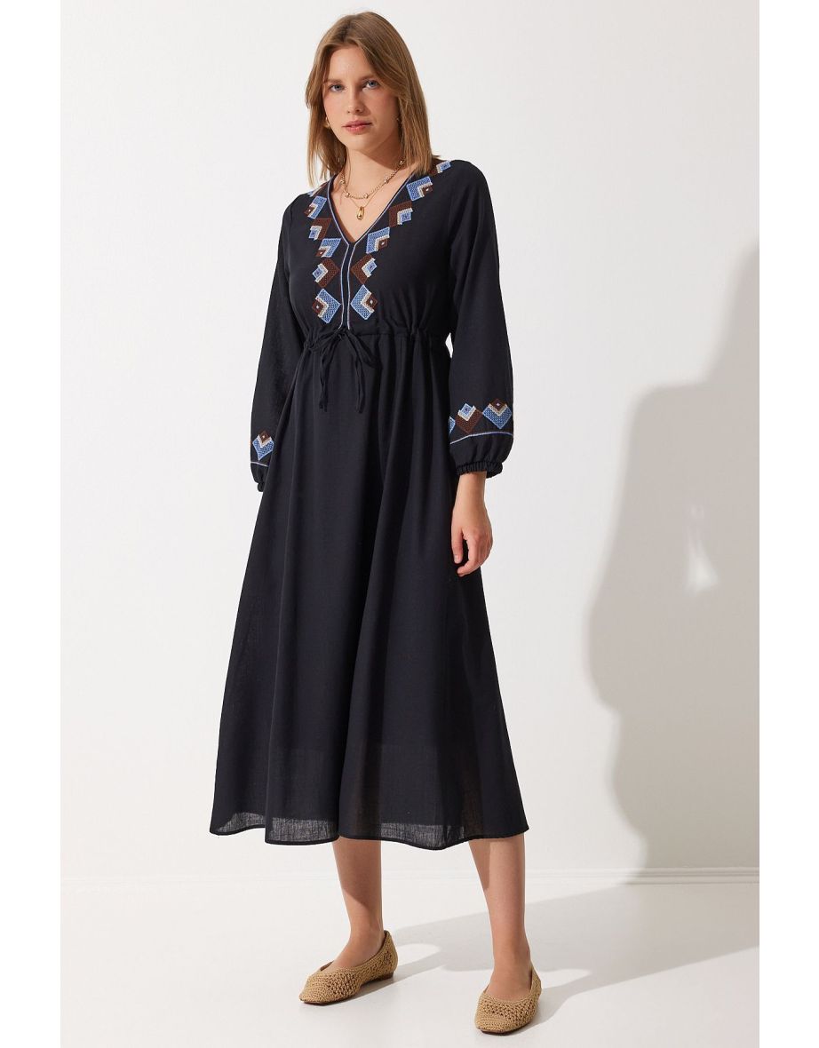 Women's Black Embroidery Detailed Oversize Linen Dress RG00027