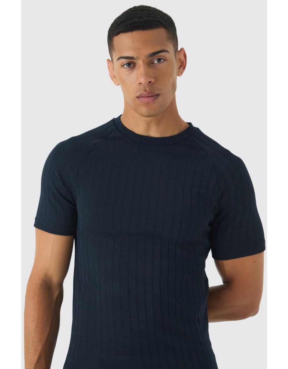 Muscle Fit Raglan Chunky Rib Athlete T-Shirt - navy - 2