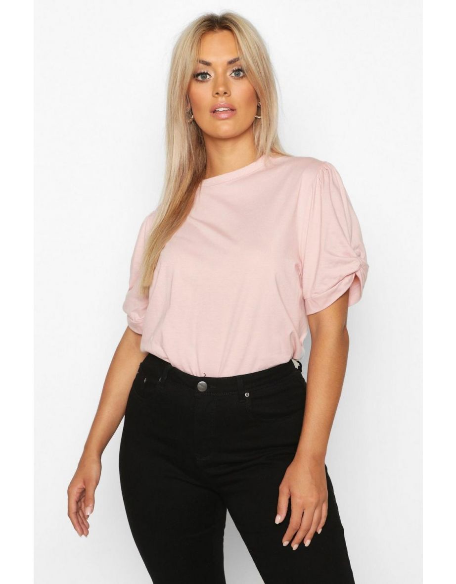 Plus Ruched Knot Puff Sleeve T-Shirt - blush