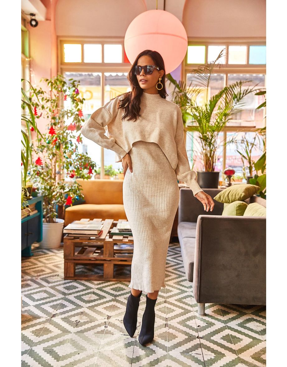 Women's Stone Top Crop Sweater Bottom Strap Dress Knitwear Suit - 6