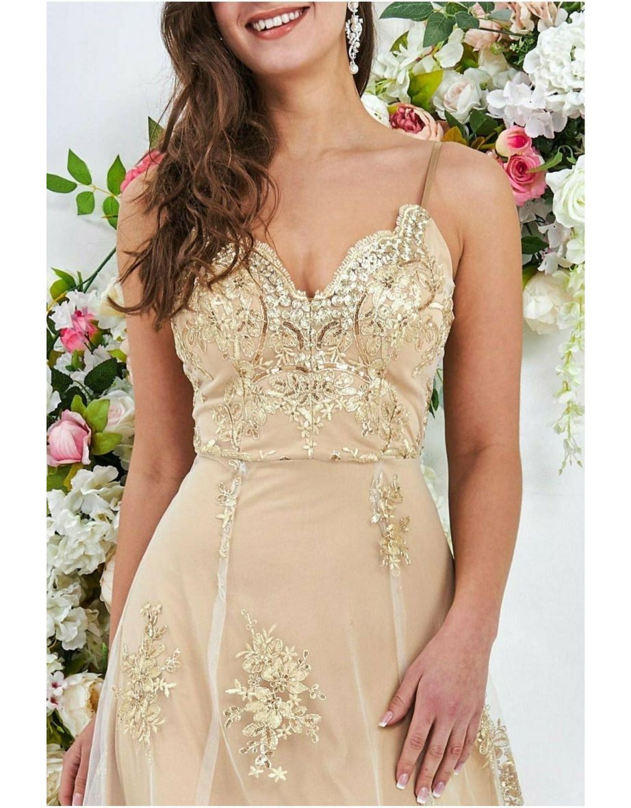 Goddiva High Low Scalloped Midi Dress - Gold - 3