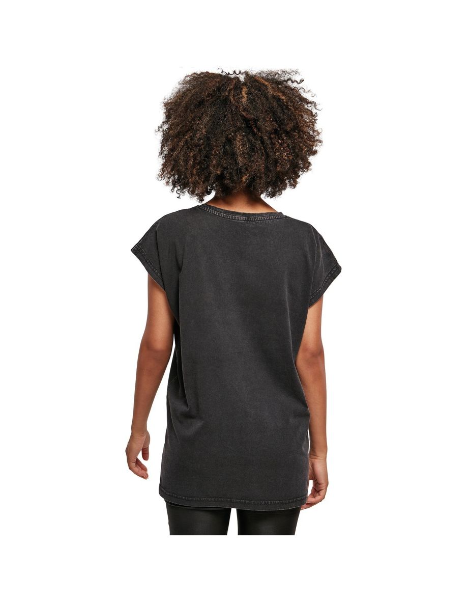 Womens/Ladies Acid Wash Extended Shoulder T-Shirt - Black - 3