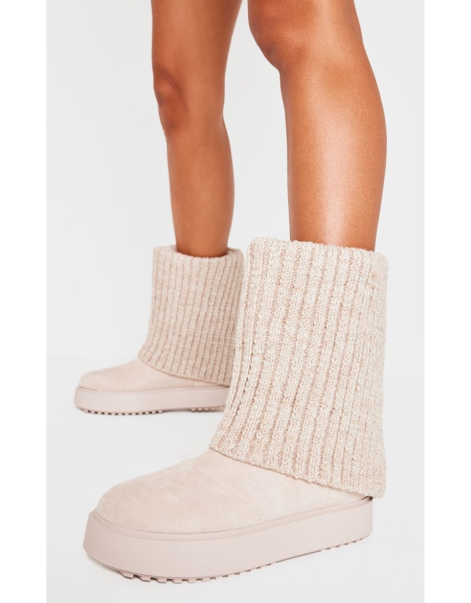 Beige Knit Fold Over Chunky Sole Boots