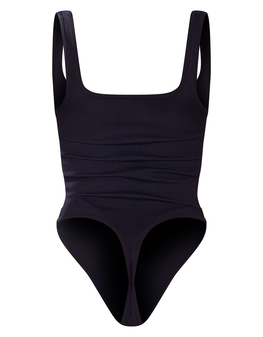 Black Contour Rib Square Neck Sleeveless Bodysuit - 4