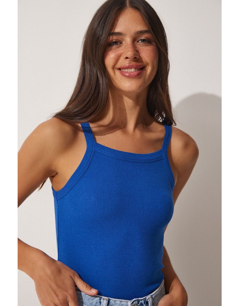 Women's Blue Ribbed Crop Halterneck Knitted Singlet
