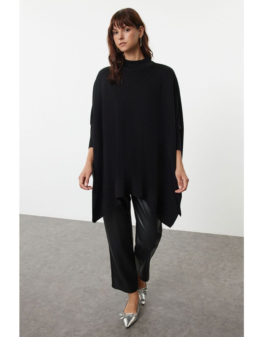 Black Wide Neck Stand Collar Knitwear Sweater