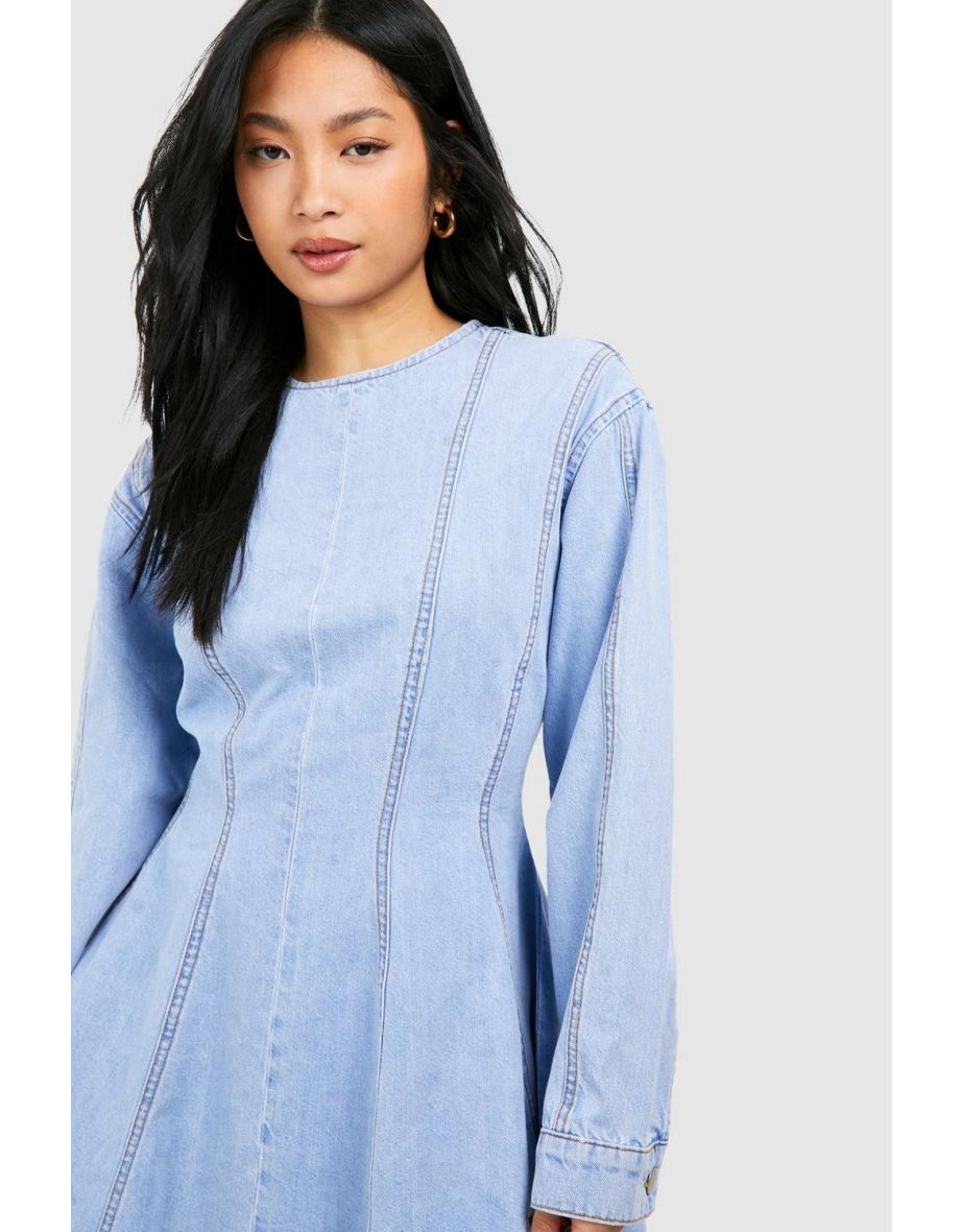 Petite Seam Detail Denim Skater Dress - blue - 3