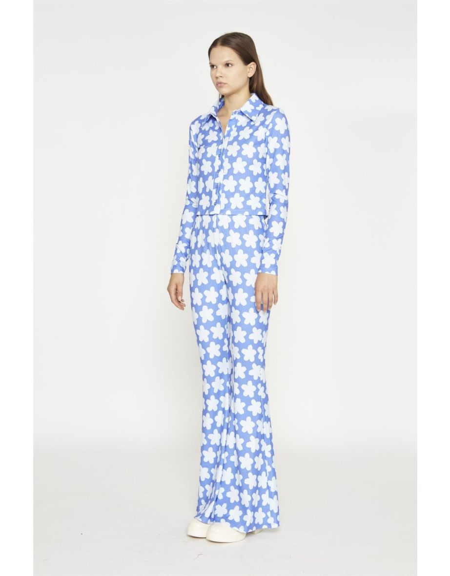 Blue-Large Flower Long-Sleeve Skinny-Fit-Shirt - 3