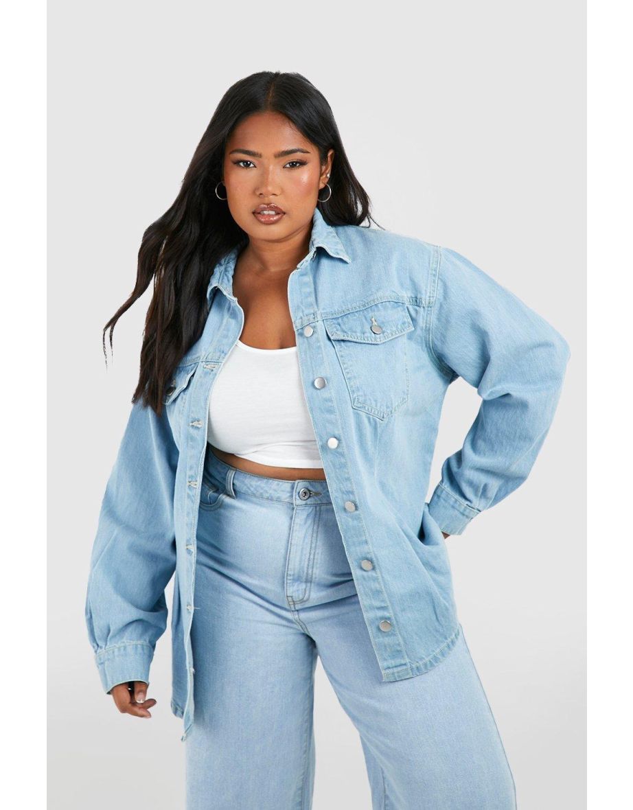 Plus Denim Cinched Denim Shirt - light blue