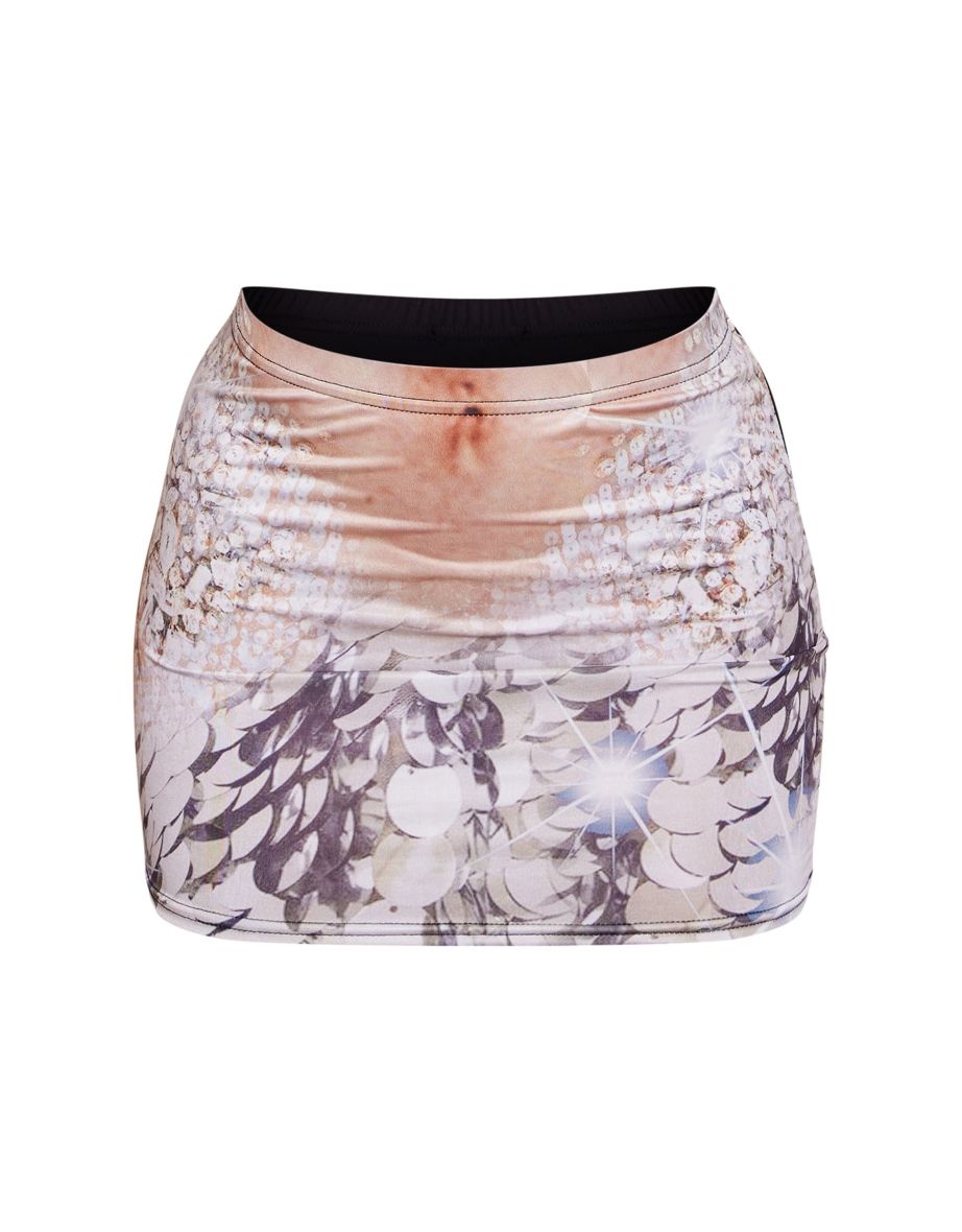 Nude Diamante Printed Slinky Low Rise Micro Mini Skirt - 4