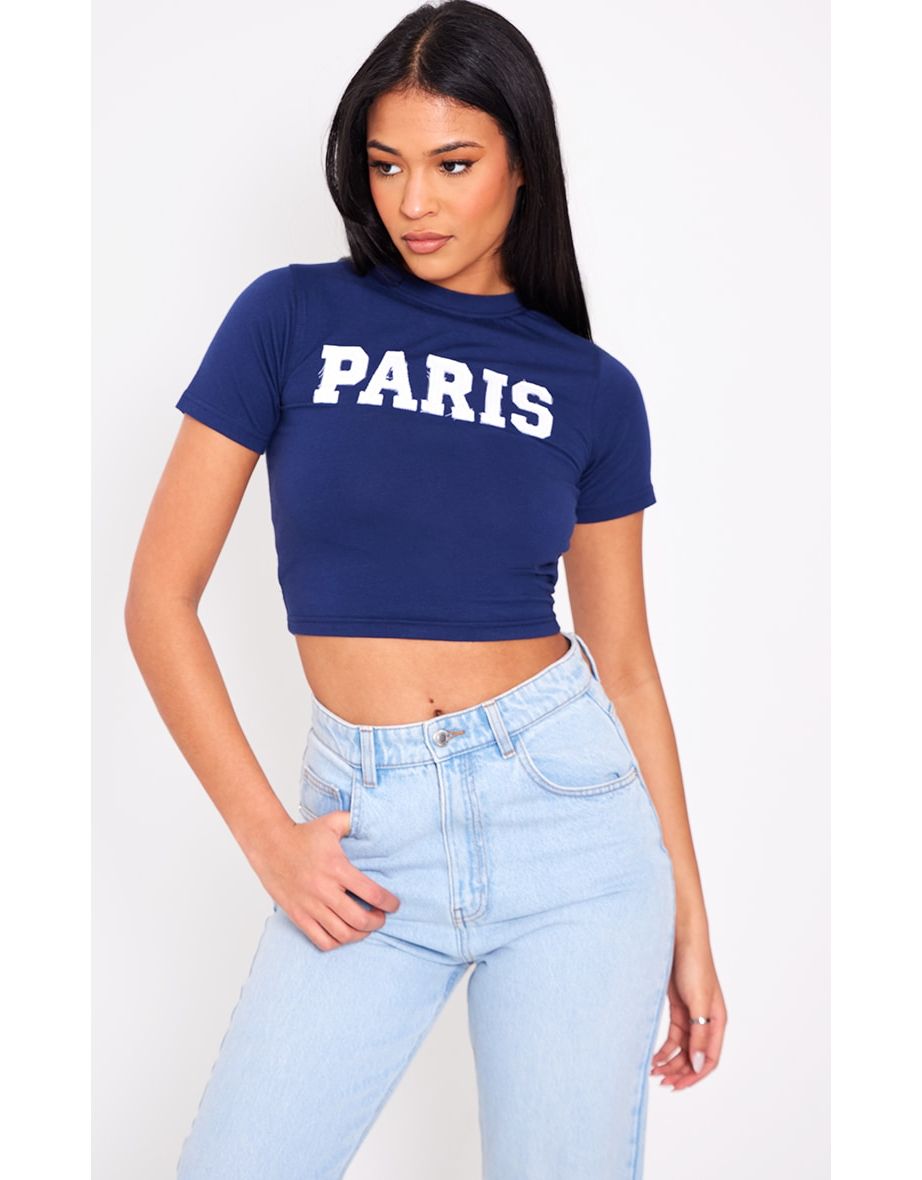 Tall Navy Embroidered Paris Slogan Crop Top