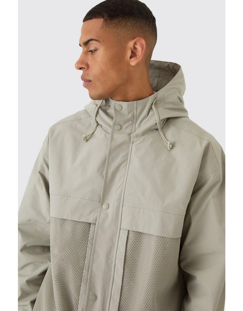 Hooded Mesh Panel Tech Parka In Stone - 2