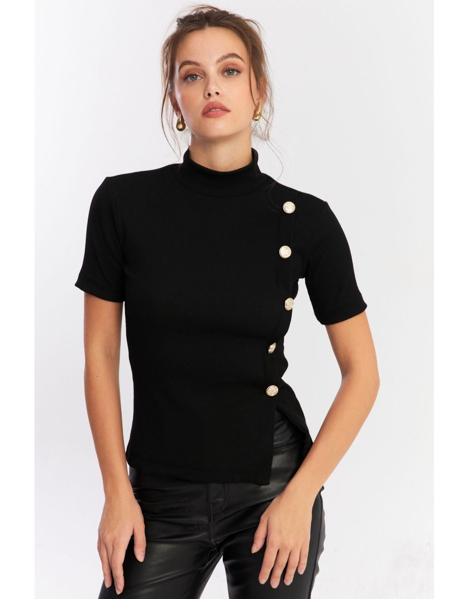 Women's Black Button Accessory Blouse - 6