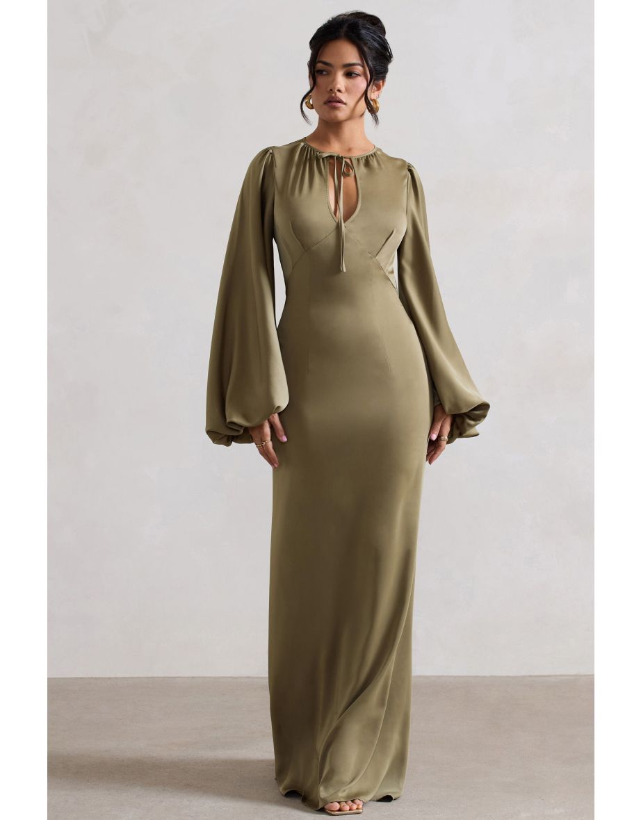 Wild Rose | Olive Satin Puff-Sleeve Cut-Out Maxi Dress