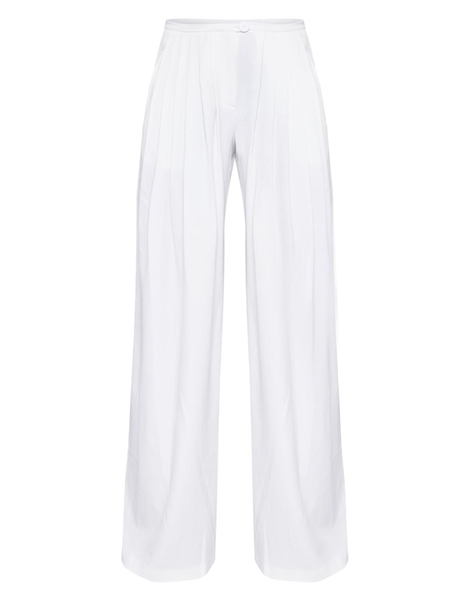 Premium White Woven Pleated Waistband Extreme Wide Leg Trousers - 4