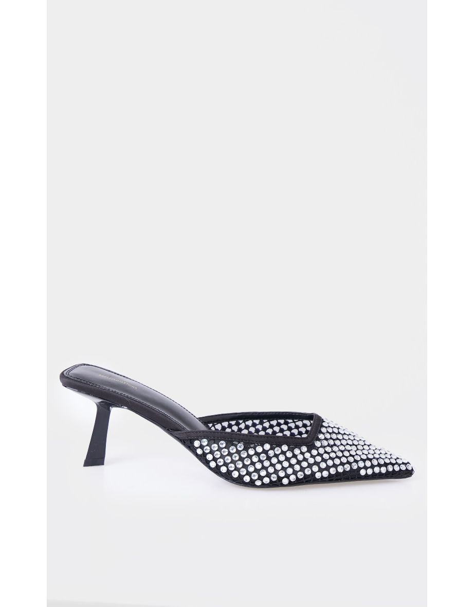 Black Diamante Mesh Point Toe Mid Stiletto Heeled Mules - 3