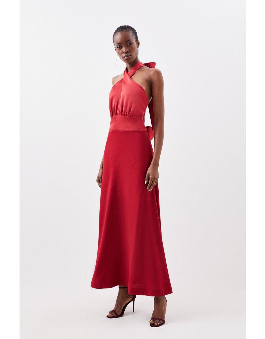 Satin Back Crepe Halter Neck Midi Dress