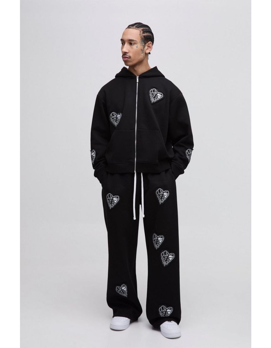 Oversized Boxy Zip Through and Extreme Wide Leg Hearts Applique Tracksuit - black