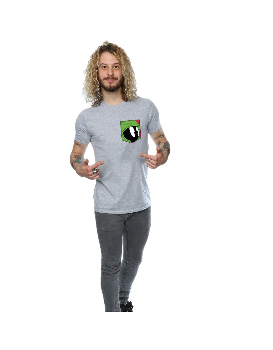 Looney Tunes Mens Marvin The Martian Face Faux Pocket T-Shirt - Sports Grey - 3