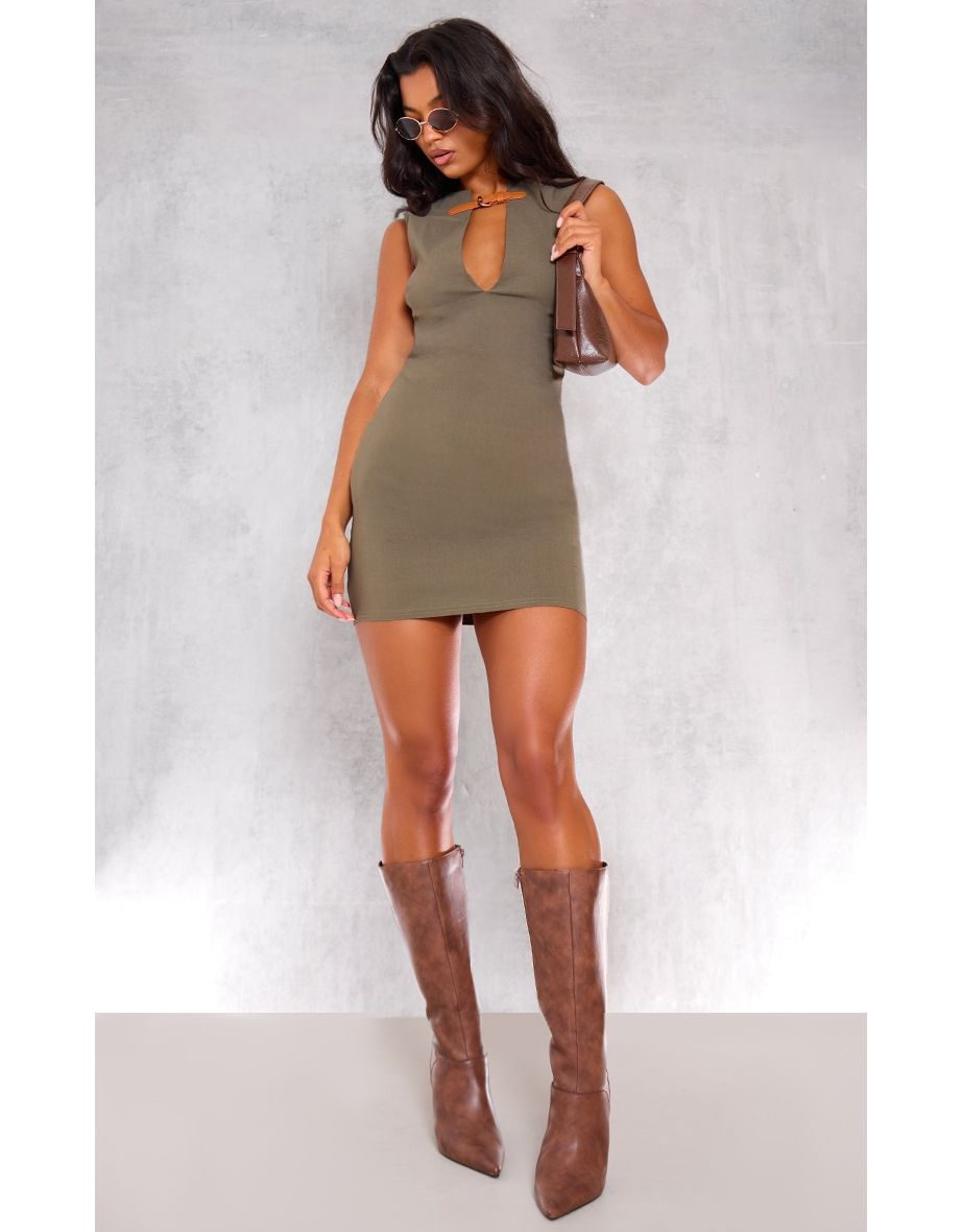 Dark Khaki Stretch Woven Keyhole Belted Bodycon Dress