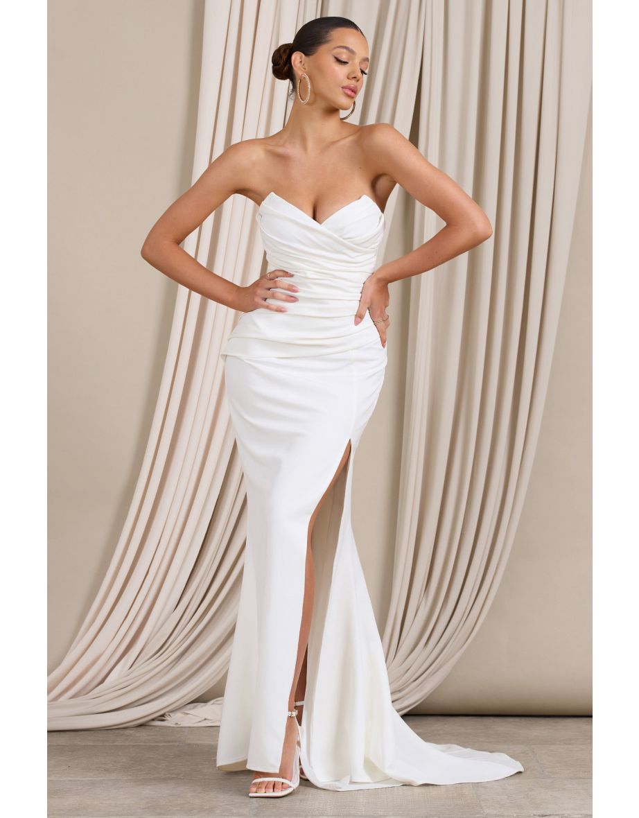 Elene | White Bardot Split Fishtail Maxi Dress