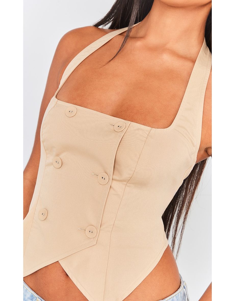 Stone Woven Halter Neck Button Detail Waist Coat - 3