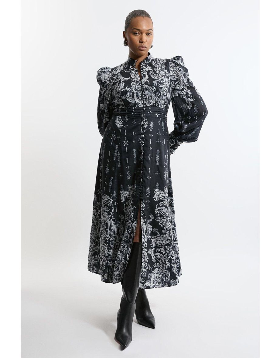 Plus Size Mono Floral Woven Button Up Midaxi Dress