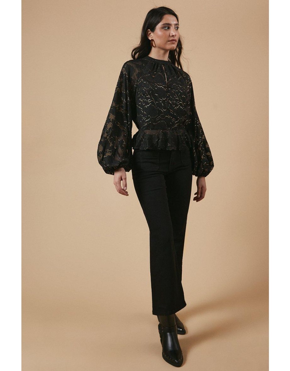 Chiffon Metallic Jacquard Keyhole Blouse - 3