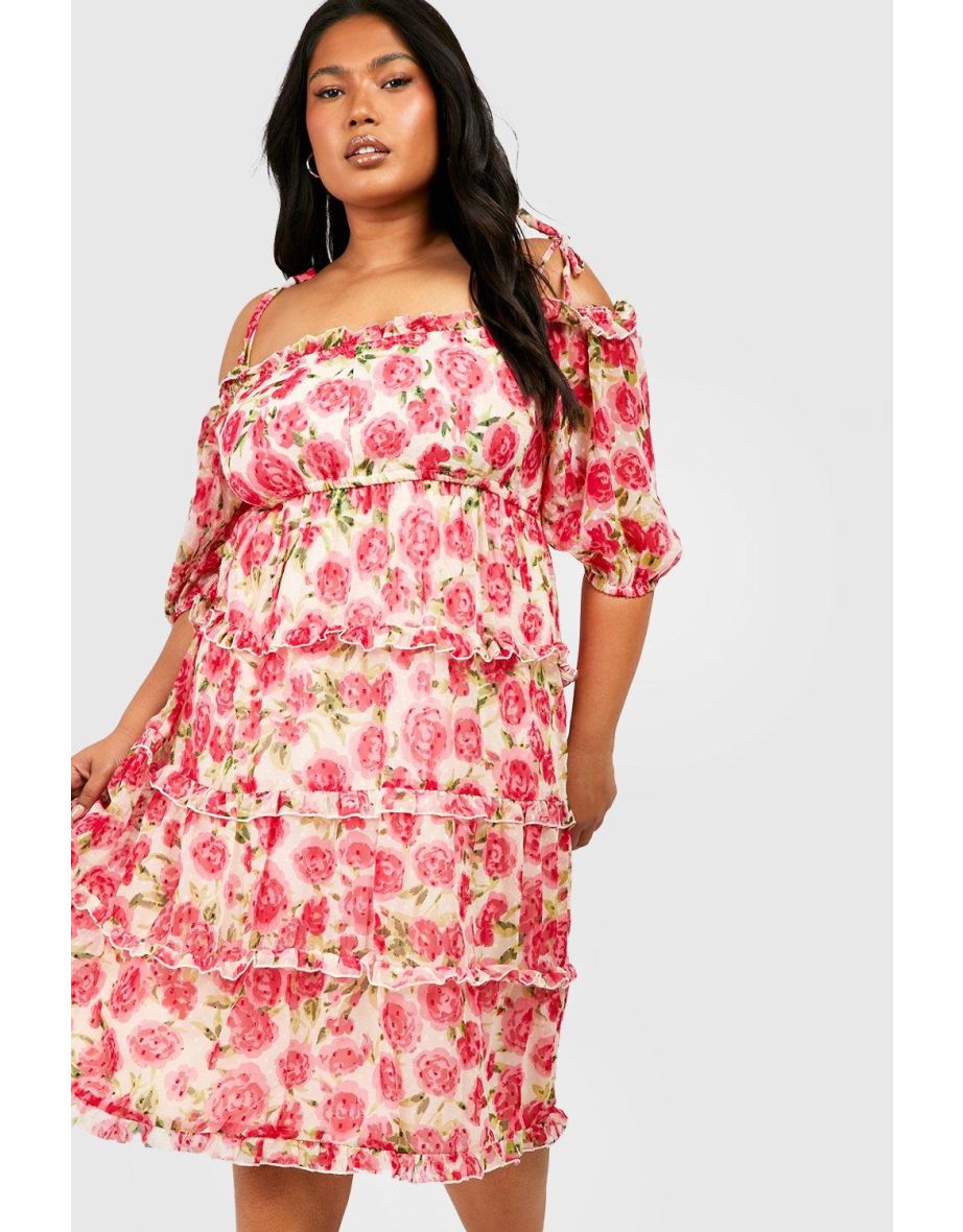Plus Rose Dobby Mesh Shirred Tiered Midi Dress - pink - 3