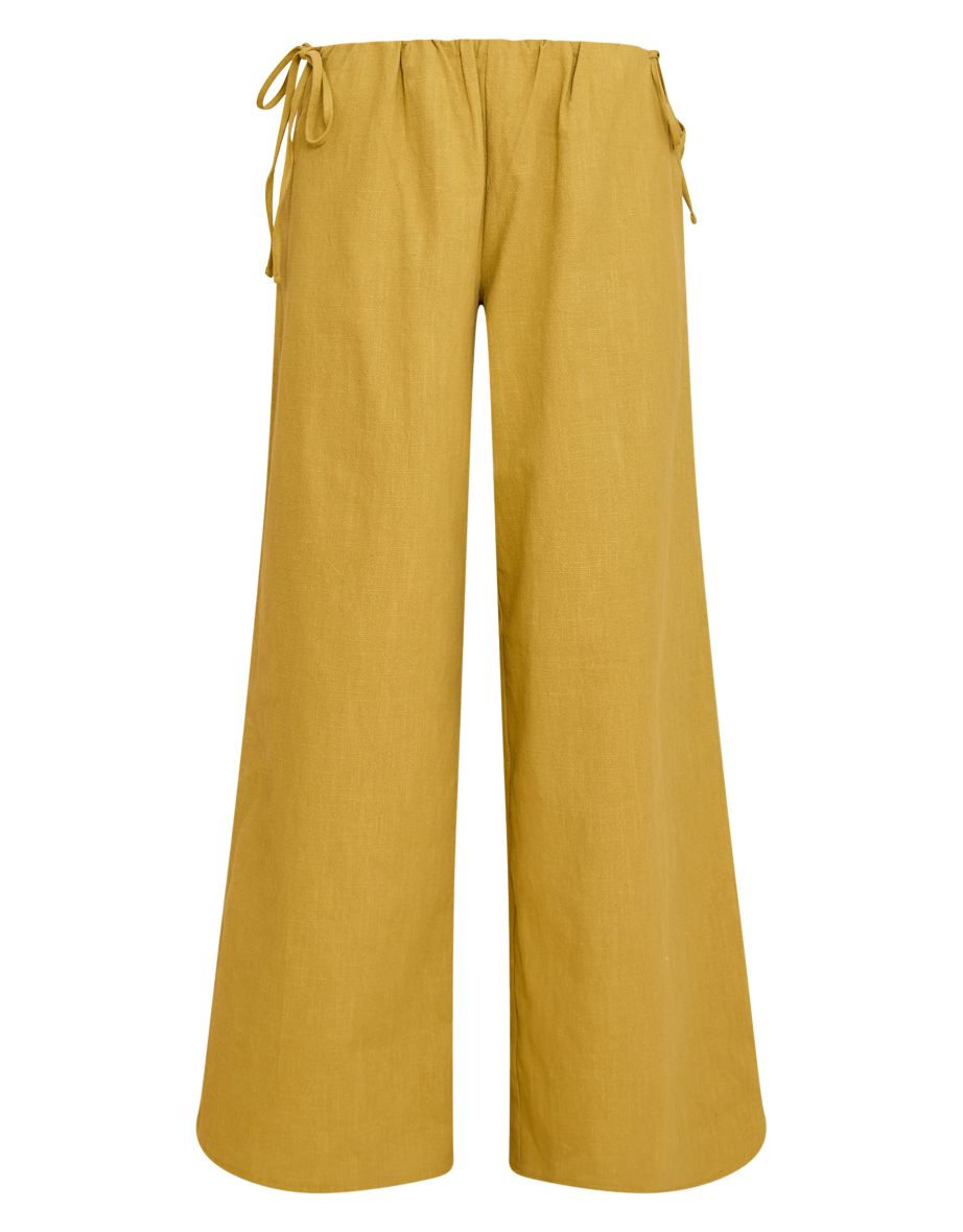 Olive Premium Linen Side Tie Detail Wide Leg Trousers - 4
