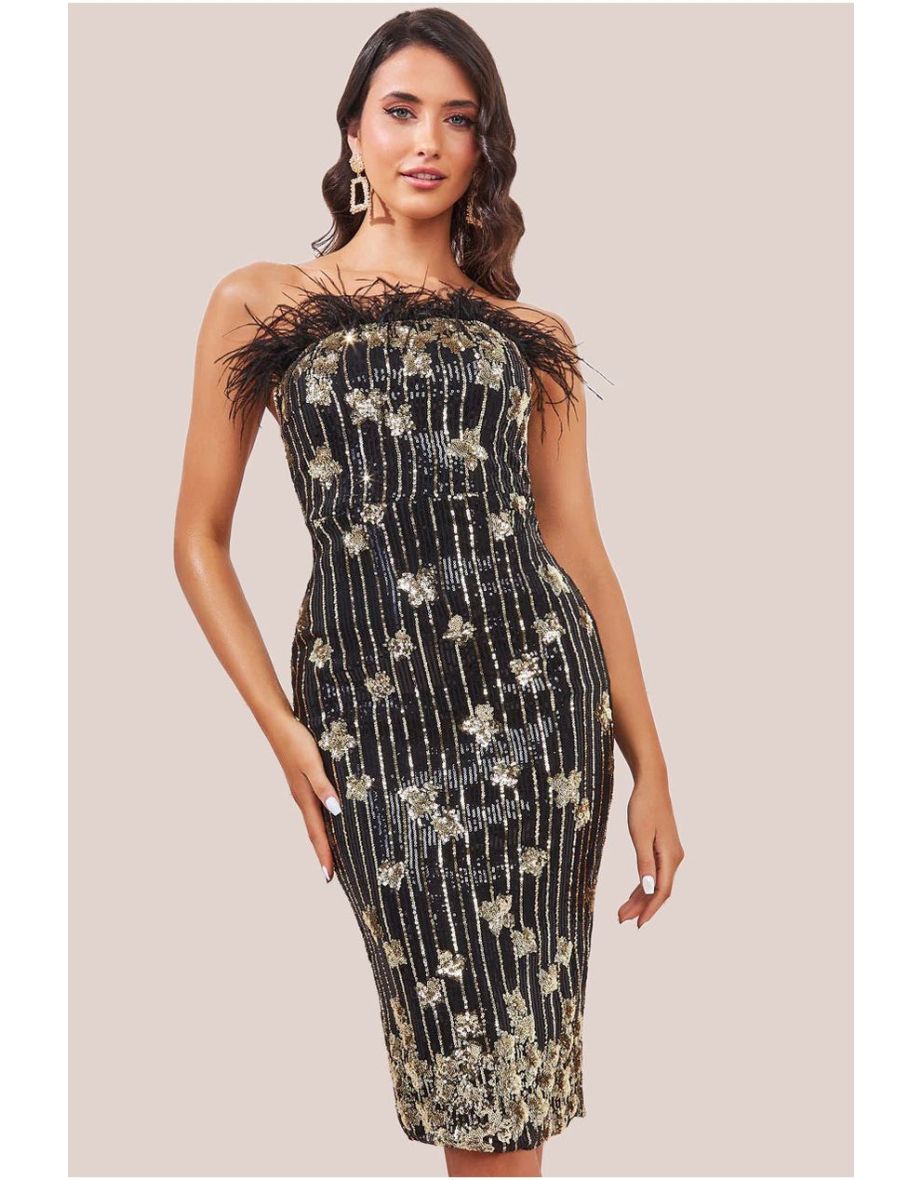 Goddiva Sequin And Feather Boobtube Midi - Black