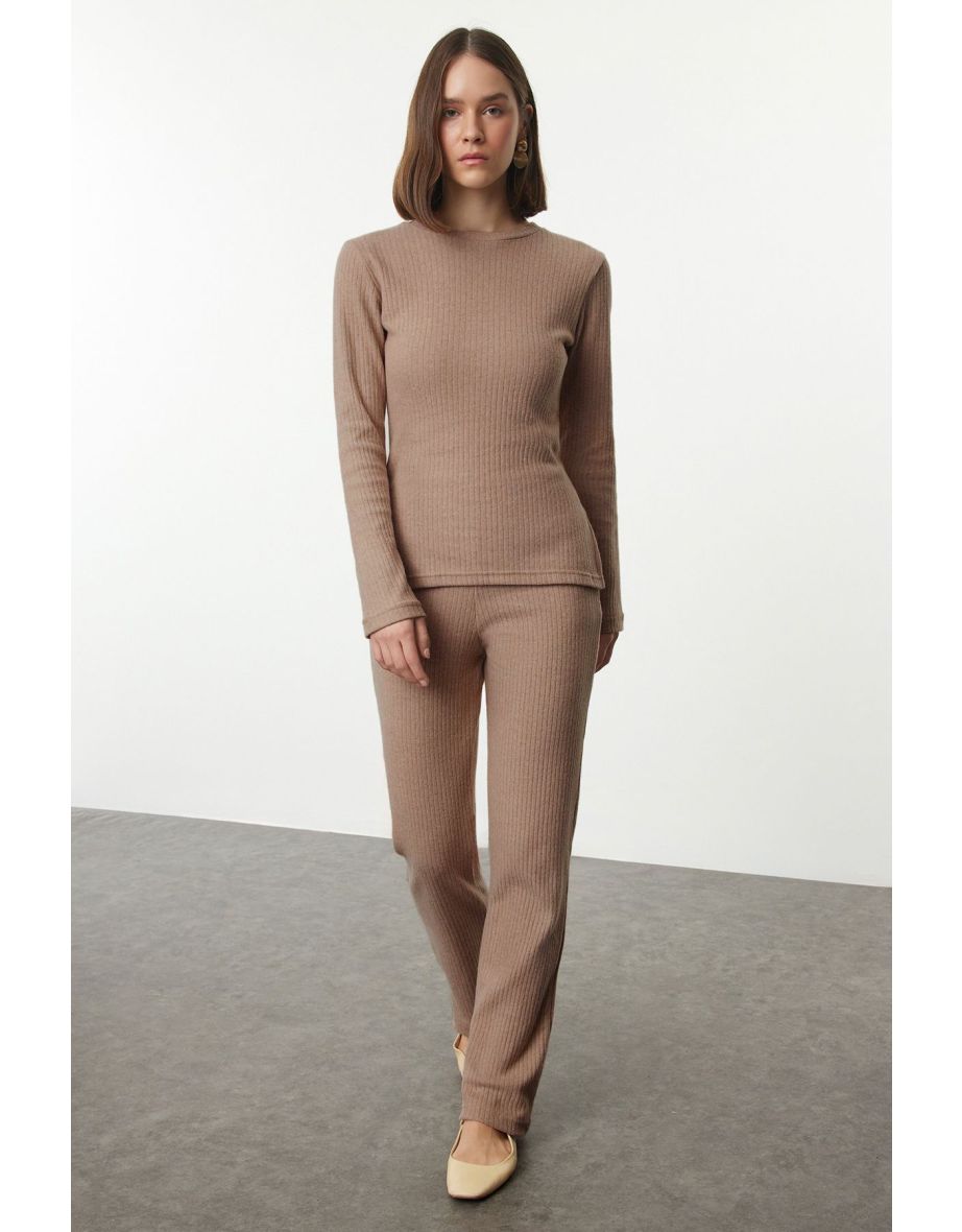 Camel Side Slits Regular/Normal Cut Crew Neck Knitted Bottom-Top Set