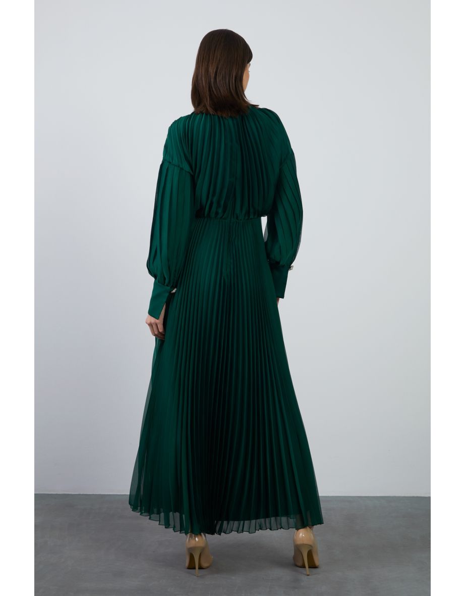Pleated Long Green Evening Dress - 3