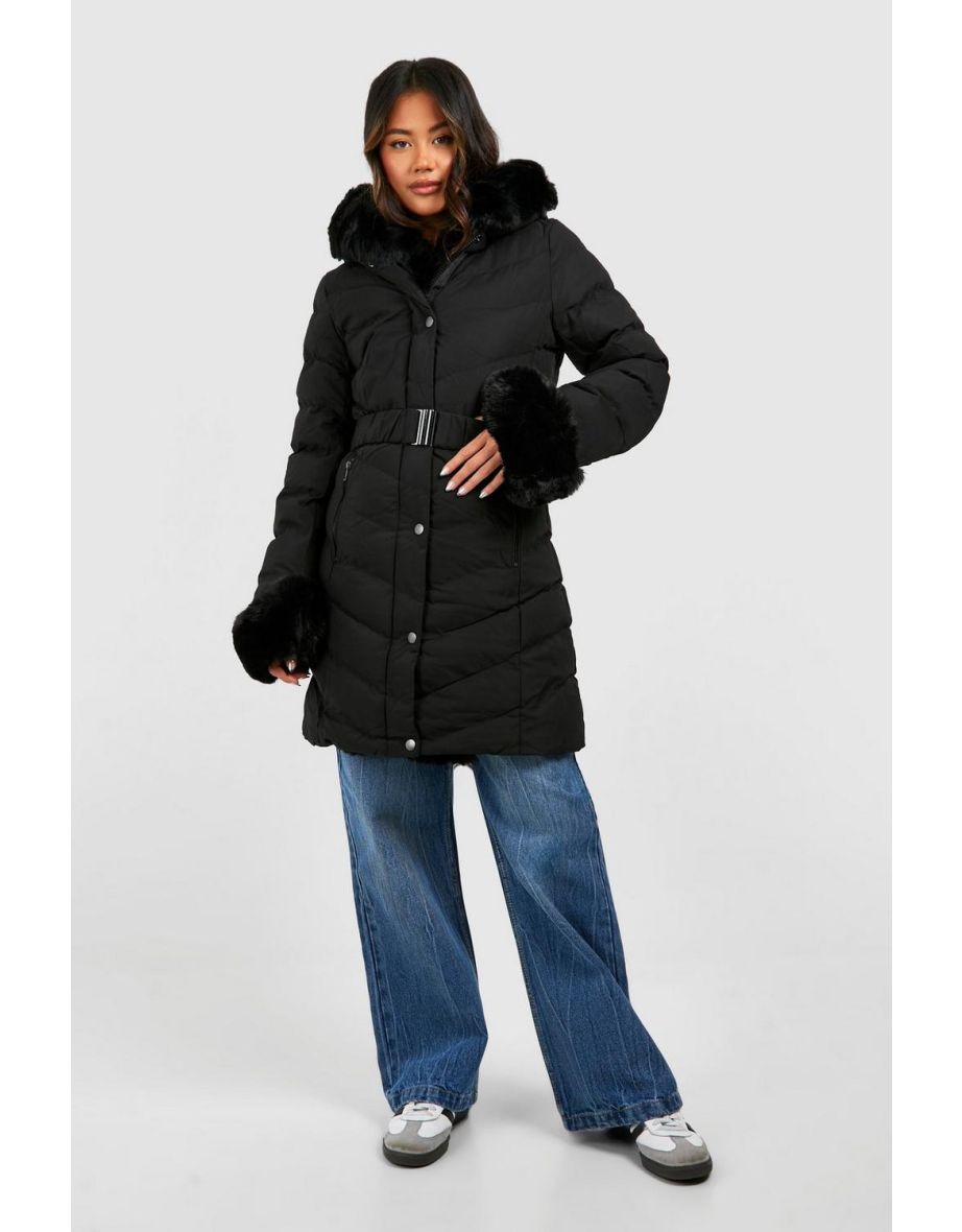 Faux Fur Trim Parka - black