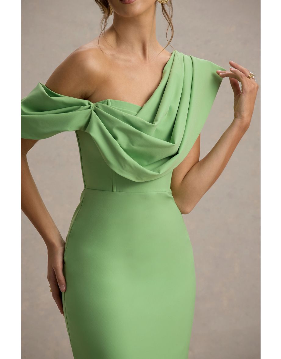 Angelina | Green Draped Shoulder Maxi Dress - 5
