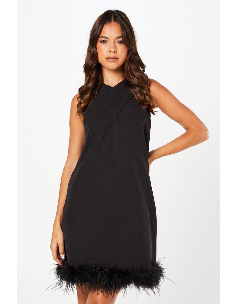 Feather Hem Cross Neck Mini Dress