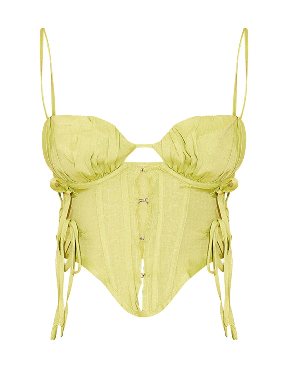 Petite Lime Green Linen Look Corset Top - 4