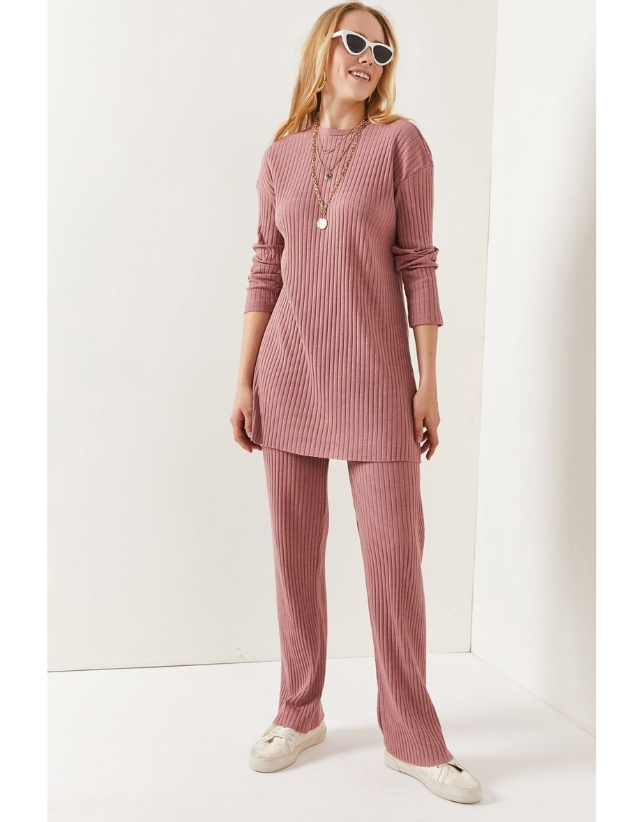 Women's Dried Rose Top with a slit blouse Bottom Palazzo Corduroy Suit
