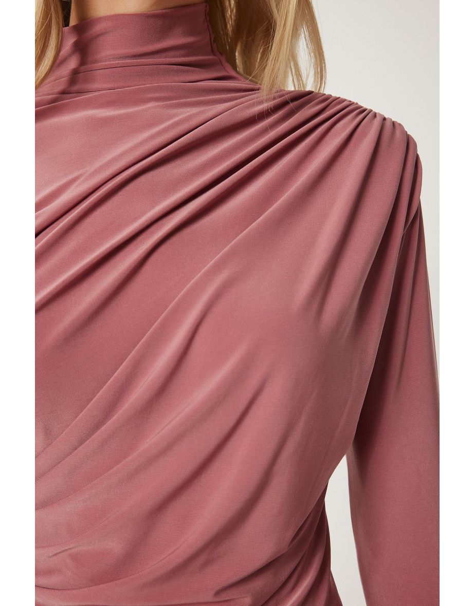 Women's Pale Pink Gathered Detailed High Neck Sandy Blouse - 5