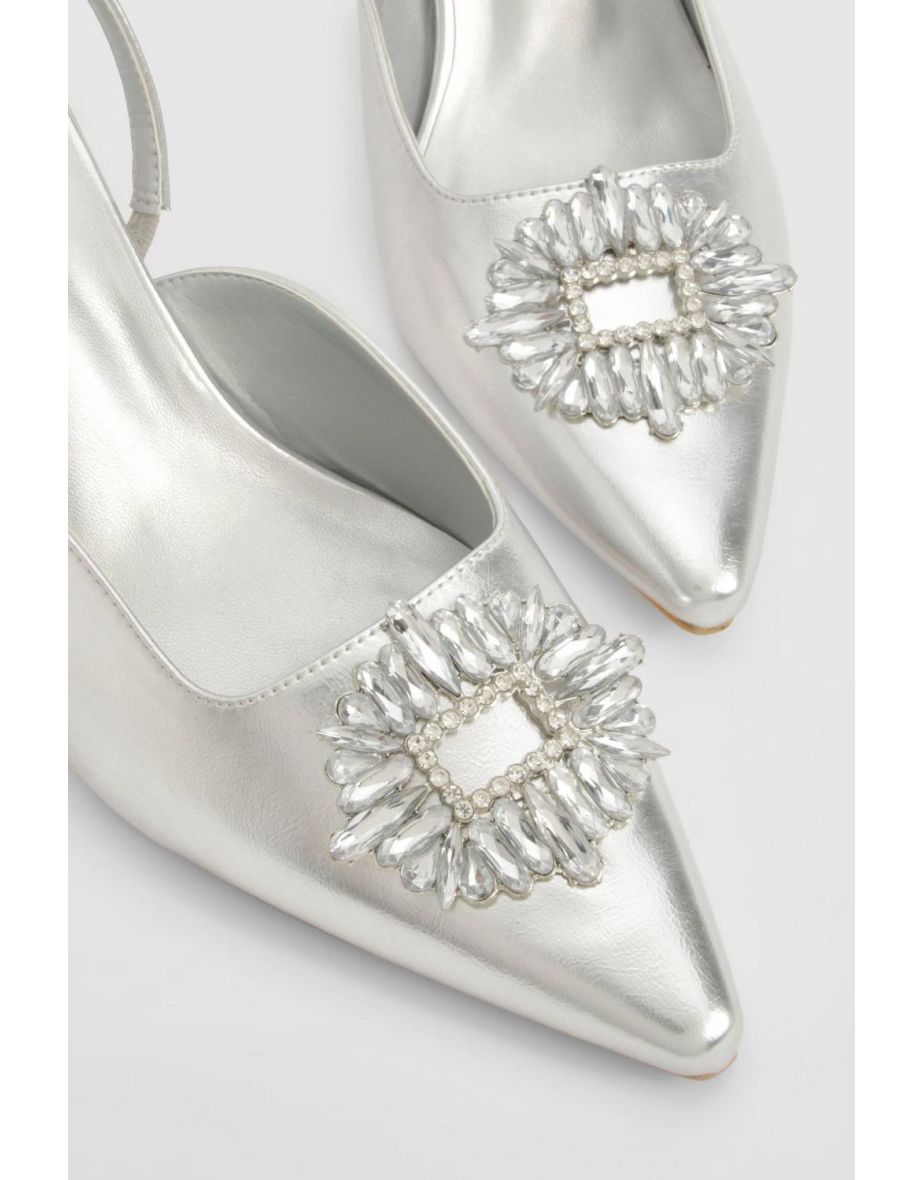 Wide Fit Metallic Embellished Slingback Court Heels - silver - 3