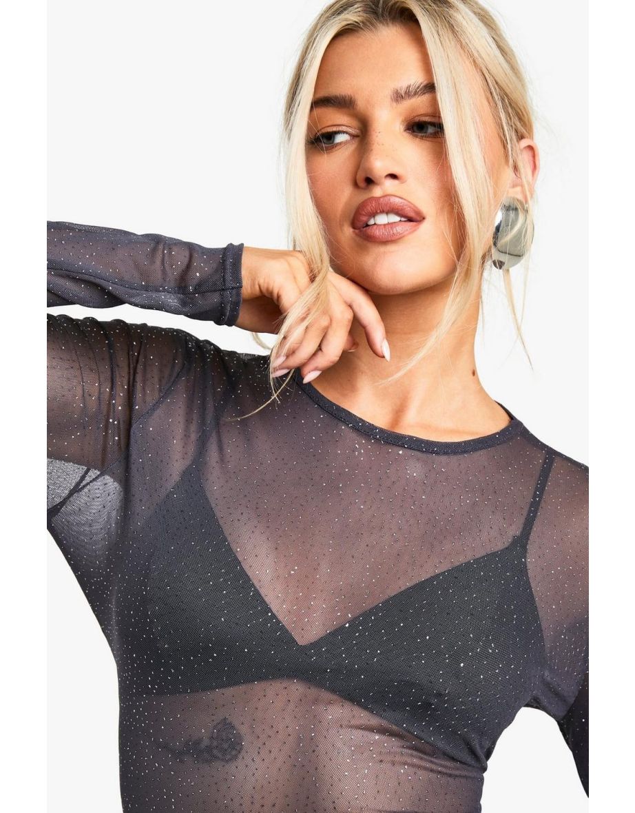 Glitter Mesh Long Sleeve Bodysuit - charcoal - 3