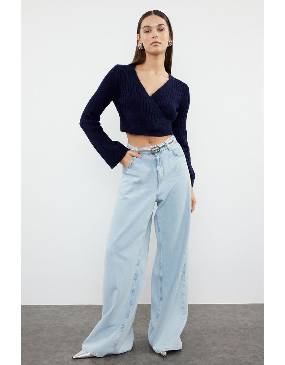 Navy Blue Crop Soft Textured Double Breasted Knitwear Sweater