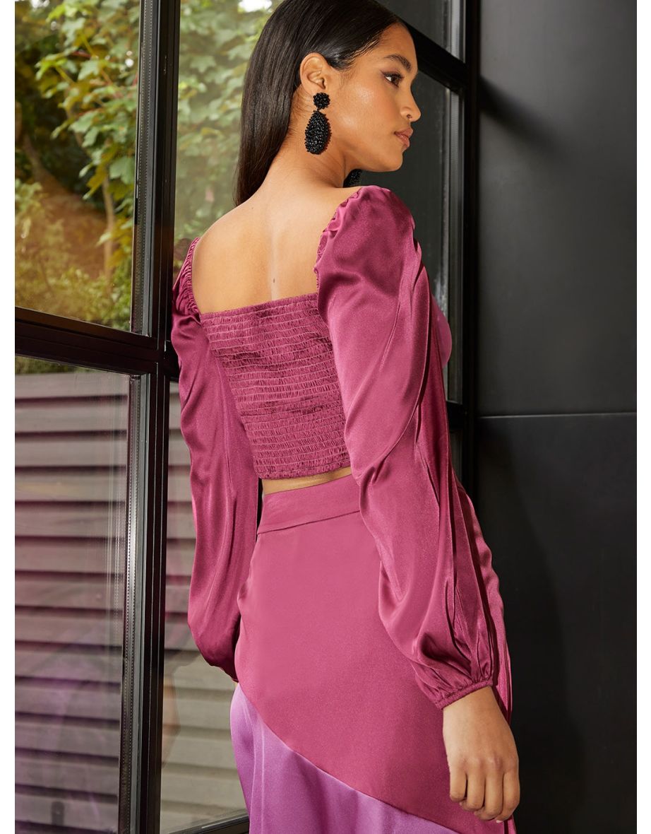 Long Sleeve Cut Out Twist Detail Satin Crop Top in Purple - 3