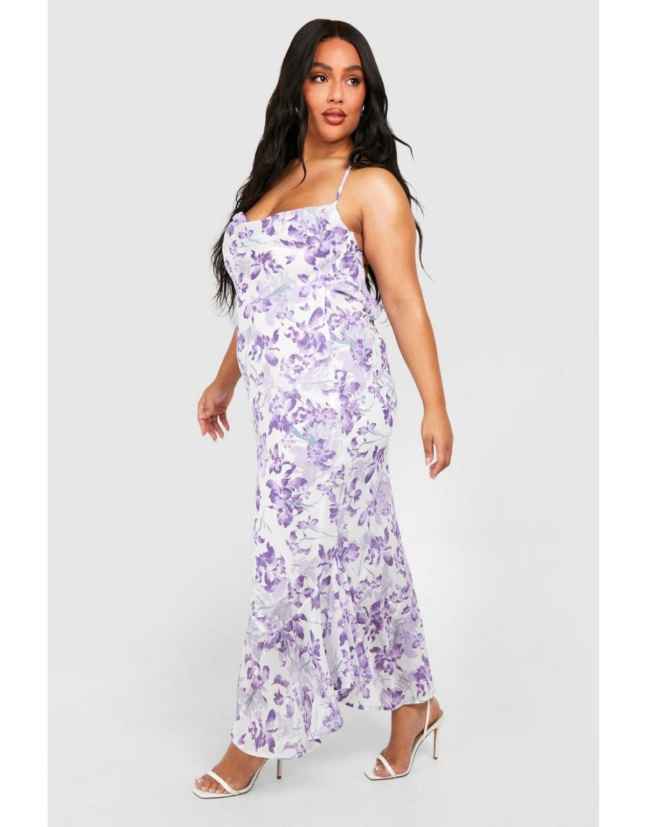Plus Floral Cowl Back Asymmetric Maxi Dress - purple - 3